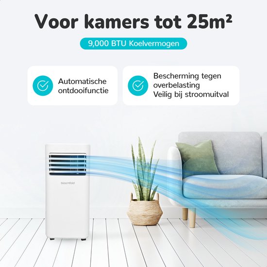 Bloomfold 4-in-1 Mobiele Airco – Incl. Raamafdichtingskit – 9.000 BTU – 31,5 x 31 x 70 cm – Wit