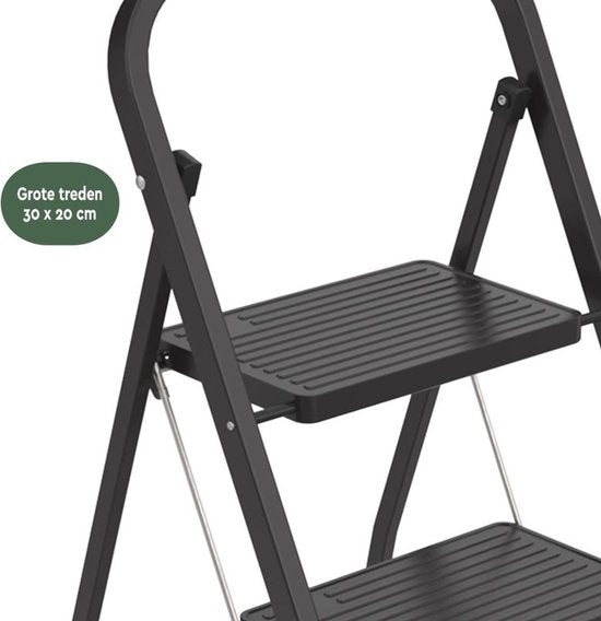 BRASQ Huishoudtrap 2-treden zwart - keukentrap inklapbaar metaal voor particulier en professioneel gebruik - Trapladder - Antislip
