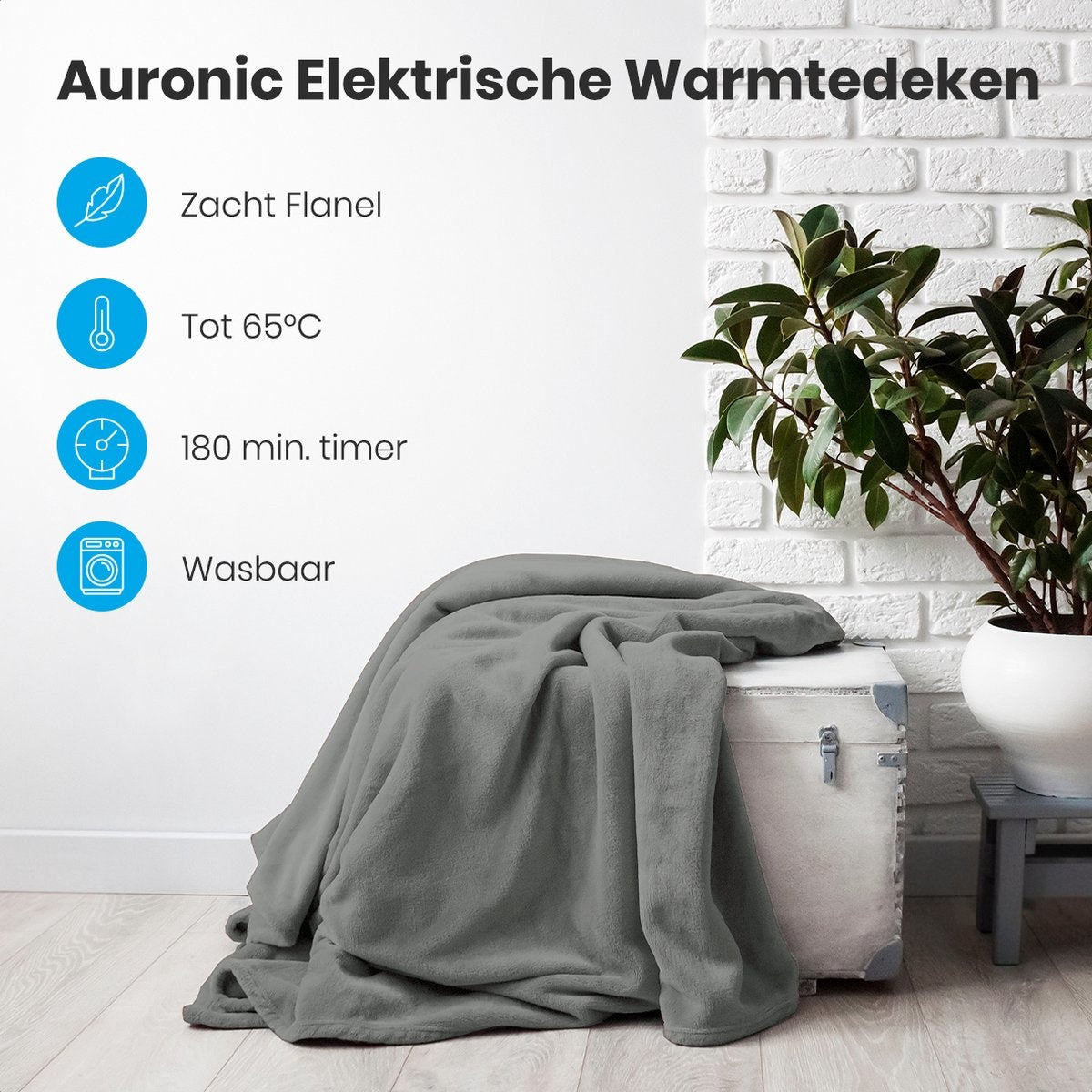 Auronic Elektrische Warmtedeken - 1 Persoons - 3 Warmtestanden - Bovendeken met Timer - 160 x 120cm - Grijs