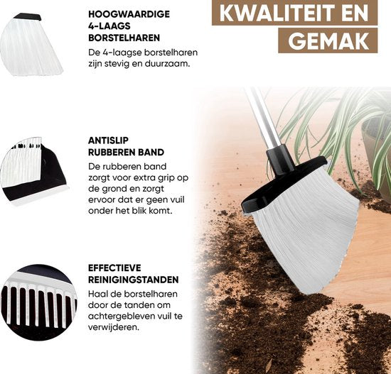 TTD® Stoffer en Blik met Lange Steel XXL - Verstelbaar 54-263 cm - Bezem - Bezemsteel - Grijs & zwart - Veger en Blik - Vuilblik voor Binnen en Buiten - Ingebouwde Schoonmaaktanden