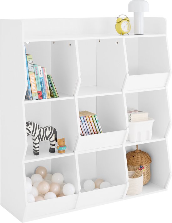 SoBuy Boekenkast voor kinderen, speelgoed, kinderen, met 9 vakken, meubels, opslag, speelgoed, rek, boekenkast, tijdschriftenrek, wit, 95 x 34 x 105 cm, KMB120-W
