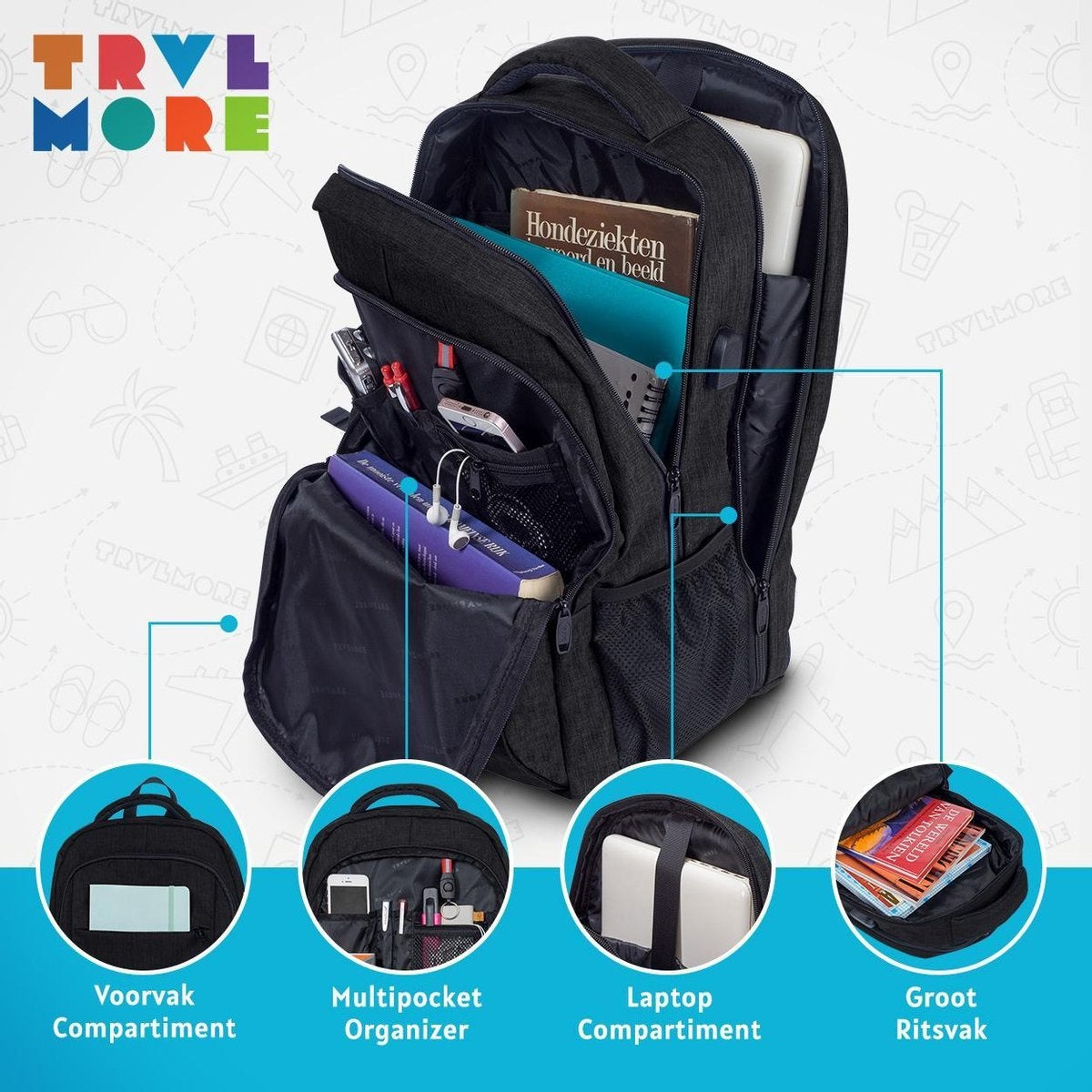 TRVLMORE Rugzak - 36L - 17,3 inch - Laptop Rugtas - Schooltas - Unisex - Spatwaterdicht Zwart