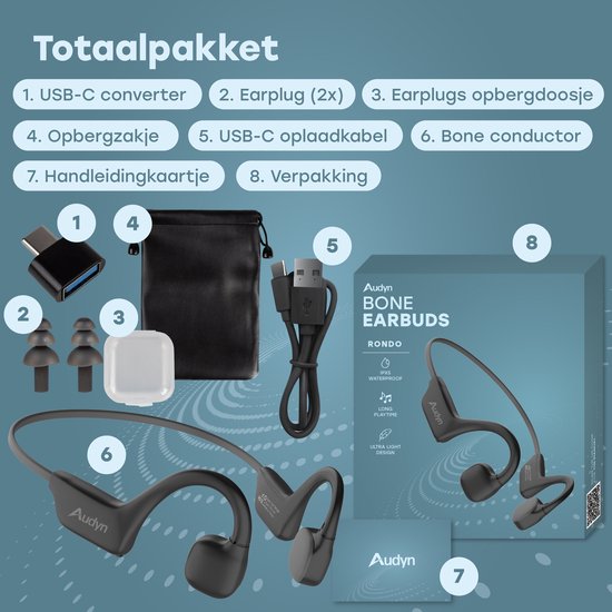 Audyn Bone Rondo - Sport Oordopjes - Bone Conduction Hoofdtelefoon - Bluetooth - Open Ear Oortjes - Draadloos - 9 Uur Batterij