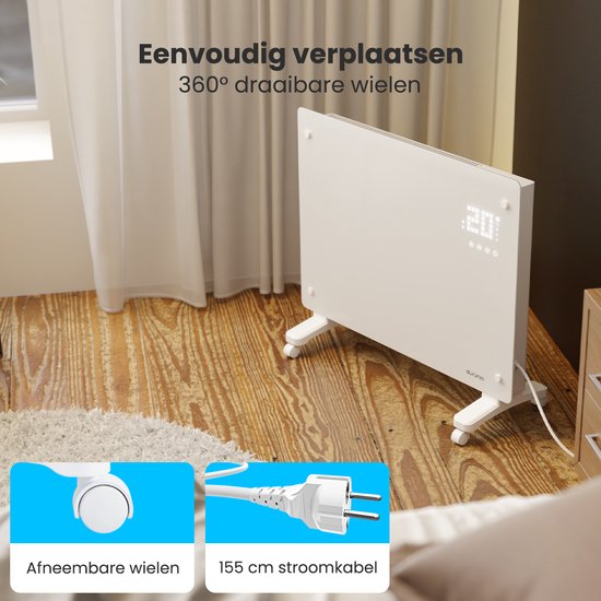 Auronic Elektrische Kachel – Convectorkachel met Thermostaat en Afstandsbediening - Glazen Paneelverwarming - 1500W Heater - Wit