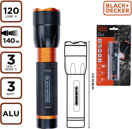 BLACK+DECKER LED Zaklamp 120 Lumen - 3W - 140M Bereik - 3 Lichtstanden: Hoog, Laag, Pulserend - Zwart/Oranje