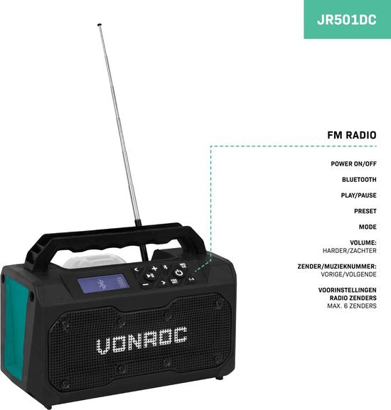 VONROC Accu bouwradio 20V - FM, bluetooth & USB - Bass-reflex poort speakers - Zonder accu en snellader