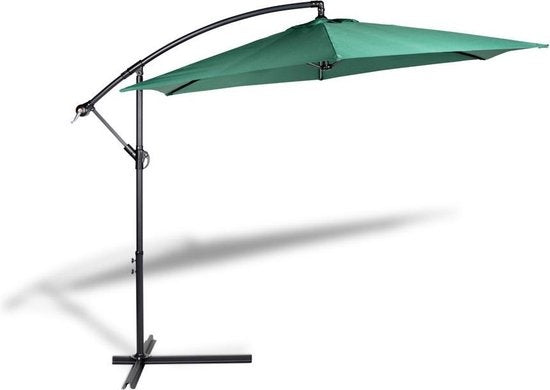 909 OUTDOOR Hangende parasol in donkergroen 2.5 m hoog, Tuinparasol met stalenframe en hoes, Parasol met zwengelgreep en kantelfunctie, Diameter 300 cm