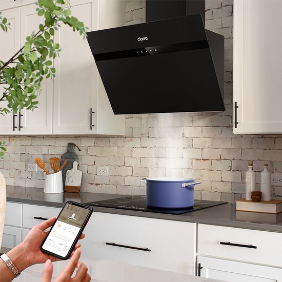 CIARRA CBCG6736H-G 60cm Schuine Afzuigkap Zwart – Melkglas met anti-vingerafdruk – met WiFi - inclusief set koolstoffilters – 650m3 - energieklasse A+++