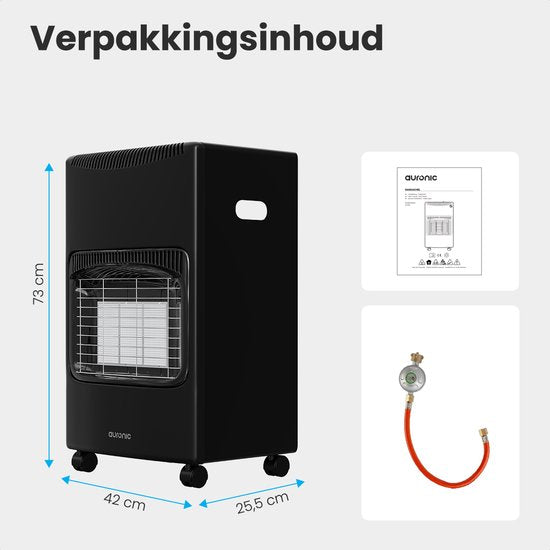 Auronic Mobiele Gaskachel - met Wieltjes - tot 60 m² - 4100W Gas Heater - Inclusief Gasdrukregelaar en Gasslang - Zwart