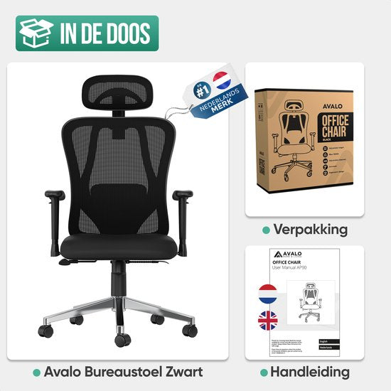 Avalo Ergonomische Bureaustoel Met Hoofdsteun - NEN1335 - Bureaustoelen Voor Volwassenen - Bureau Stoel - Incl. 2 Sets Krasvrije Wielen Voor Harde / Zachte Ondergrond
