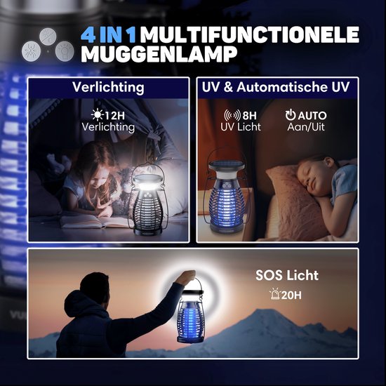 Vulpes Goods® Verjager Muggenlamp PRO – Elektrische Insectenlamp – UV & Nachtlamp – Zonne-energie – Waterdicht