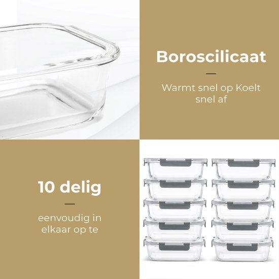 Stosh Meal Prep Bakjes - Vershoudbakjes - Diepvriesbakjes - Luchtdicht - 10 Stuks - 1L - BPA Vrij - Glas
