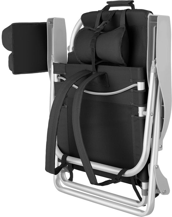 tectake® Strandstoel Coral - Opvouwbare Campingstoel met Koeltas en Opbergtas - 5-voudig Verstelbare Rugleuning met Hoofdkussen - Brede Armleuningen met Bekerhouder / Telefoonhouder - Inklapbare Kampeerstoel - Zwart