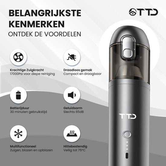 TTD® Premium Auto Stofzuiger Draadloos en Oplaadbaar - 17.000 Pa - Kruimeldief Snoerloos - Handstofzuiger - Blazen & Zuigen - Hittebestending - Compact design - Met HEPA-filter