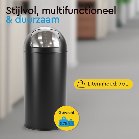 BRASQ Push Bin Prullenbak Zwart Vuilnisbak met uitneembare afvalemmer 30 liter - Afvalbak - Prullenbakken