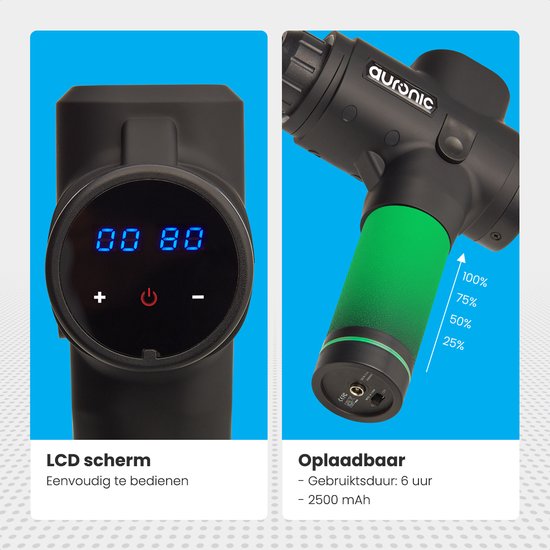 Auronic Massage Gun - Sport en Relax Massage - Massage pistool - 6 Opzetstukken - 30 Standen - Professioneel Massage Apparaat - Zwart