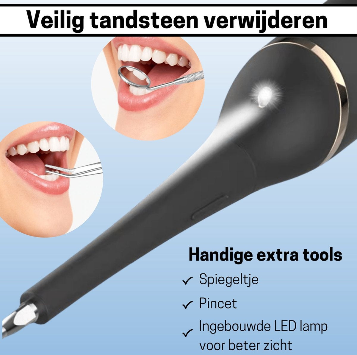 BOME Tandsteenverwijderaar – Incl. 3 Opzetstukken, Spiegeltje & Pincet – 11000 rpm – Zwart