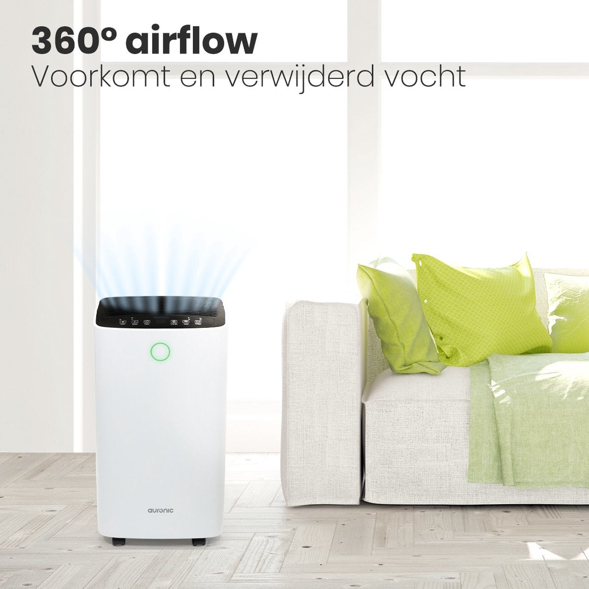 Auronic Luchtontvochtiger – 2 Liter Reservoir, 185 W, Voor Ruimtes tot 20 m² – 30,5 x 26,5 x 52 cm – Wit
