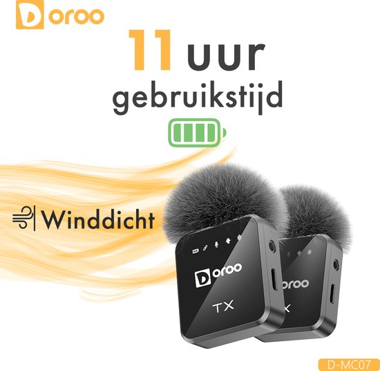 Doroo® Professioneel Draadloze Microfoon - 2 Stuks - Lavalier - Windschermen - Extra Lange Batterij - Dasspeld - Professioneel audiogeluid - USB-C/Lightning/AUX-draadloze microfoon iphone-Android - Plug & Play - twee jaar garantie