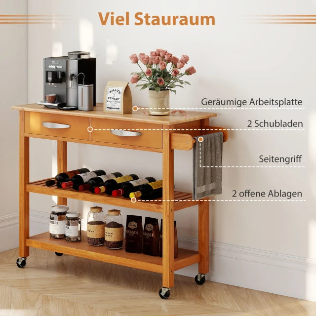 Coast Keukentrolley Hout – Verrijdbaar Keukenrek met 2 Lades en 2 Planken – 106 x 43 cm
