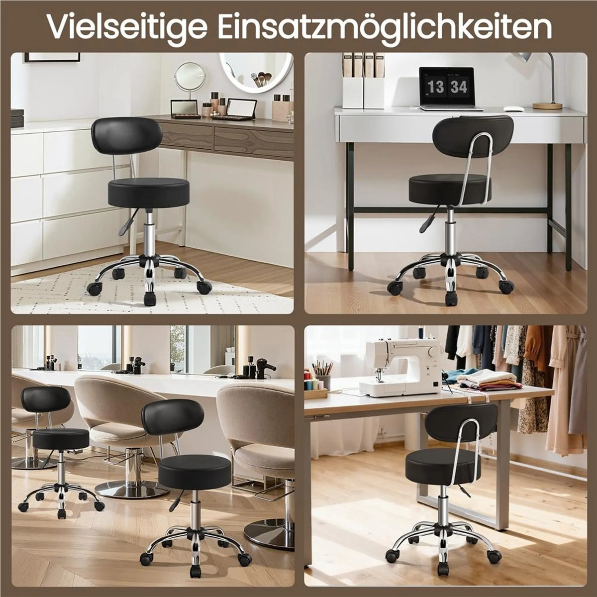 Yaheetech Barkruk Make-upstoel – 52 x 44,5 x 75,5-85 cm – Voorzien Van 10 cm Dik Zitkussen En 360° Rotatie En Verchroomd Metalen Frame – Voor Salon En Kaptafel – Zwart Kunstleer En Metaal
