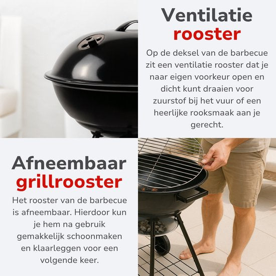 alpina Houtskool BBQ - Kogelbarbecue Ø43 cm - Barbecue met Deksel en Wielen - Geïntegreerd Ventilatiesysteem - Verwijderbare Asopvangbak - Zwart