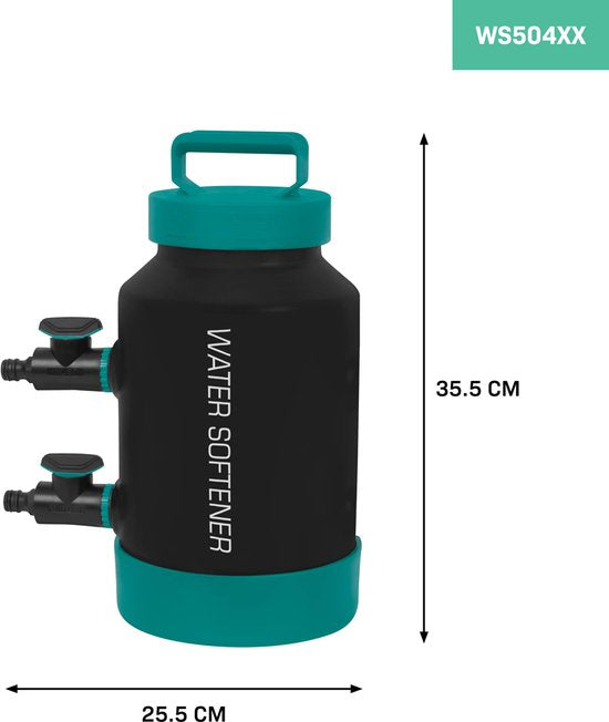 VONROC Waterontharder - draagbare ontkalker – onthardt 1000 Liter per regeneratie - Incl. Watermeter, teststrips voor waterhardheid, slangen & koppelingen