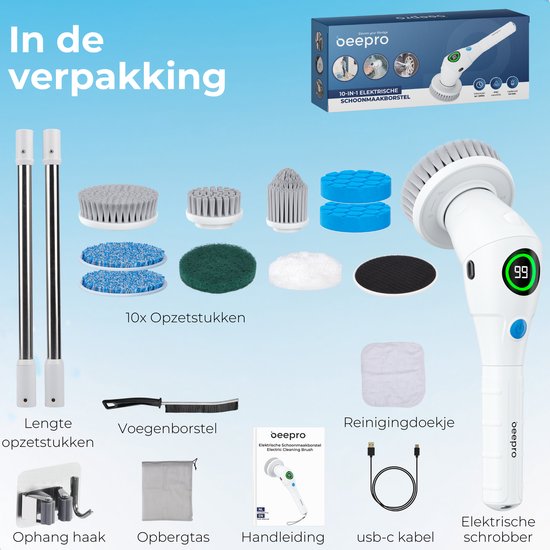 Beepro - Elektrische Schoonmaakborstel - Schrobber met Steel - 10 Opzetstukken