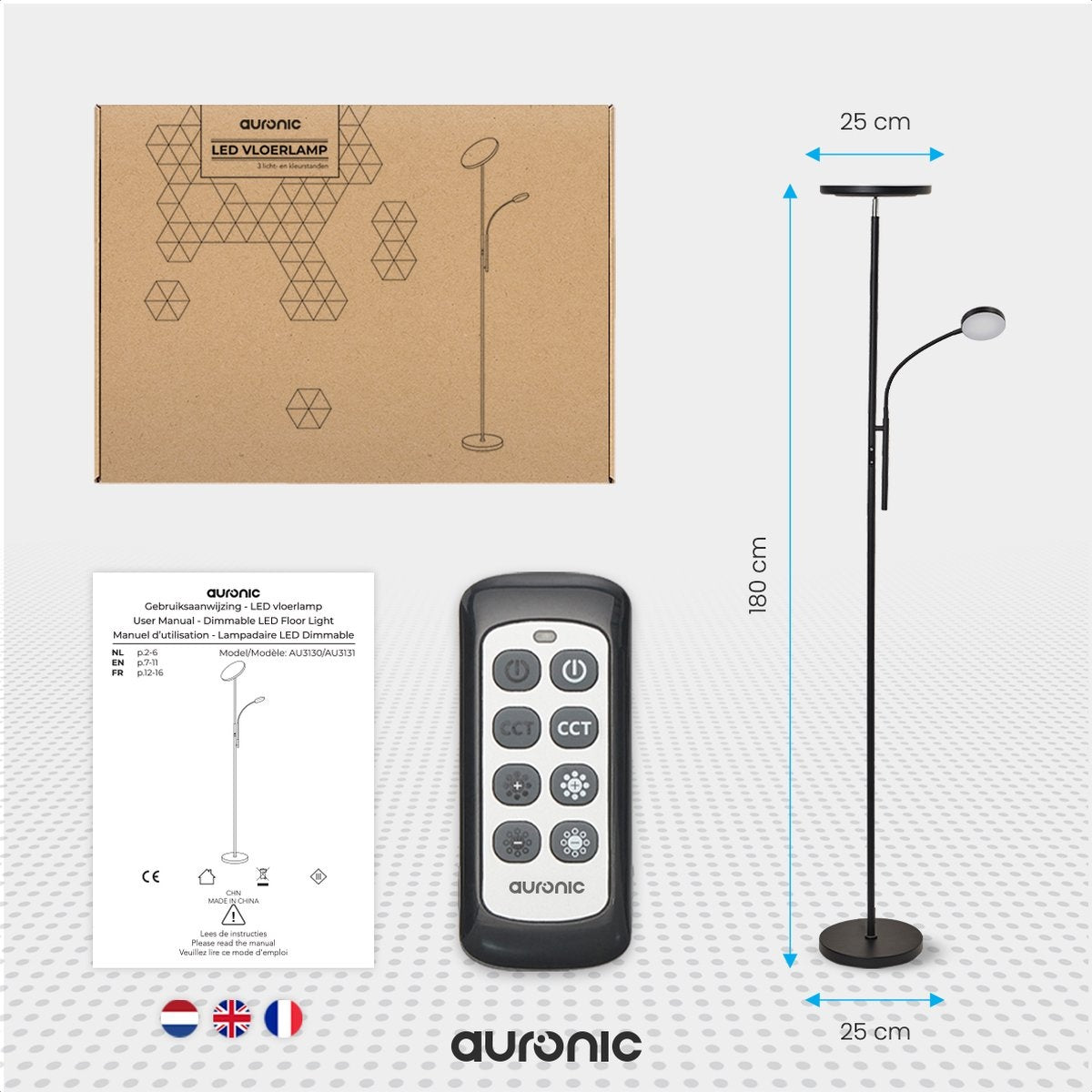Auronic Vloerlamp - Industriële Stijl - Dimbaar en Kantelbaar - Inclusief Afstandsbediening - Zwart