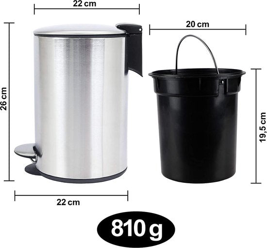 BADIONA Prullenbak – Softclose Deksel & Uitneembare Binnenemmer – 5 Liter – 22 x 22 x 29 cm – Zilver/Zwart