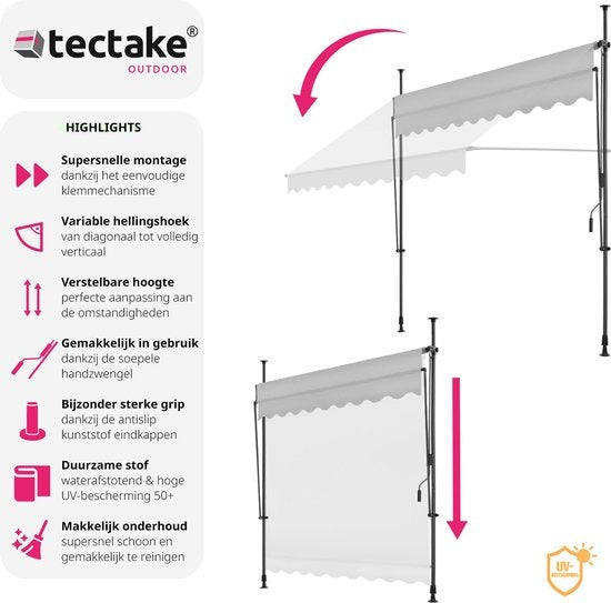 tectake - klemluifel - Zonnescherm – Zonneluifel - Verstelbaar - Klem-zonwering - Zonnescherm Balkon - 250 x 180 cm - lichtgrijs – zonwering - 404961