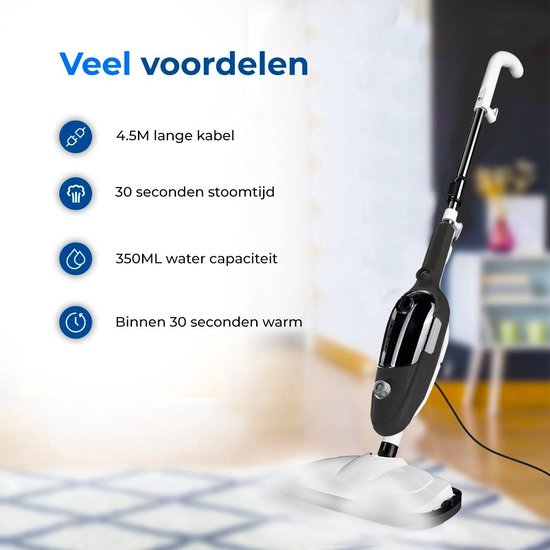 URGOODS Stoomreiniger – Incl. Opzetstukken & Microvezeldoeken – 1300 W – 20 x 45 x 180 cm – Zwart