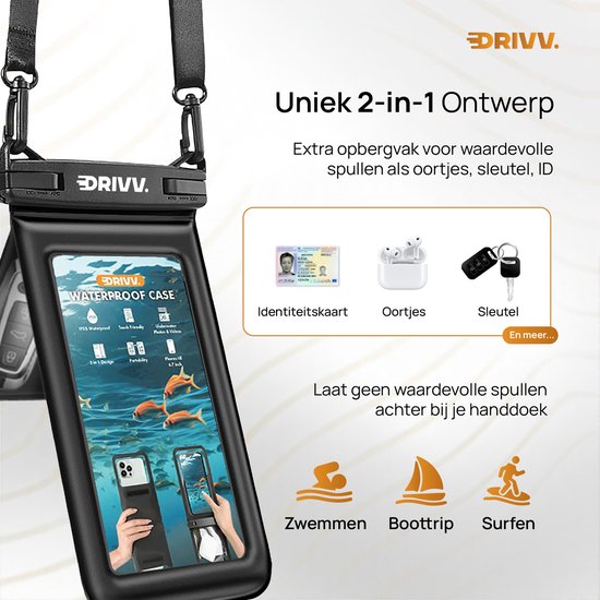 Drivv Luxe Waterdicht Telefoonhoesje 2-in-1 - Drijvend - Dubbele Klipsluiting - Voor Telefoons tot 7 Inch - Zwart