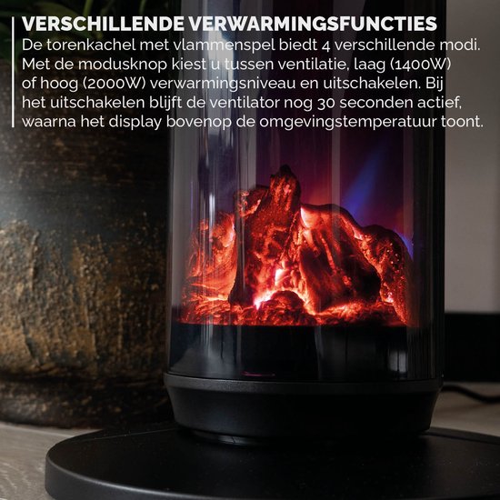 BREND BR-2222 Elektrische Kachel met Sfeerhaard en Thermostaat 18-45 °C – Keramische Ventilatorkachel – Verwarming met Swingfunctie – Timer – Zwart