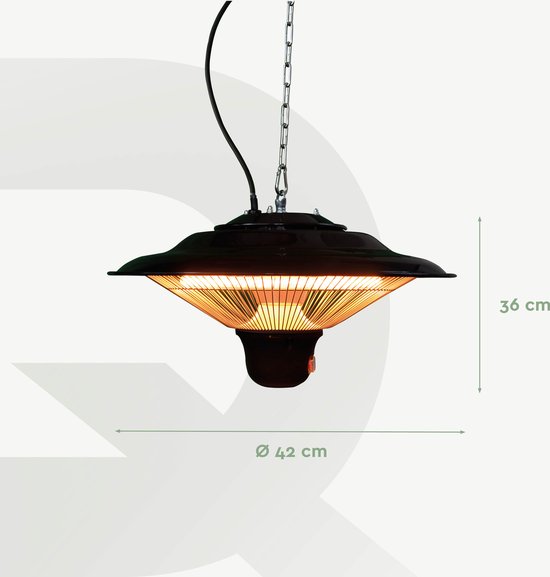 BRASQ Elektrische Terrasverwarmer Hangend PHC100 - Infrarood Heater 1500W - met Afstandsbediening - 3 warmtestanden - Voor binnen en buiten - Spatwaterdicht - Zwart