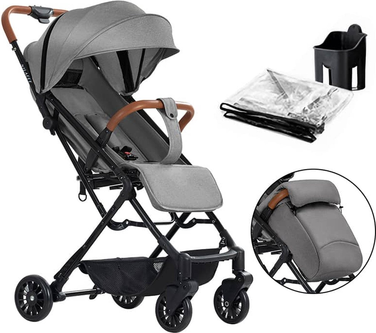 NilaFee® Compacte buggy tot 22 kg - Met voetenzak, regenhoes en reistas - Grijs
