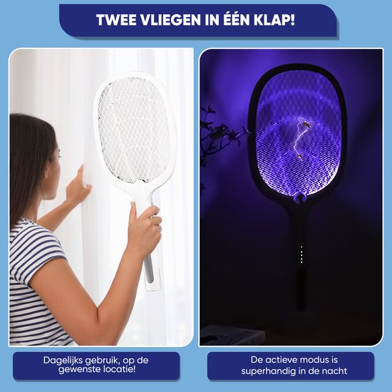 TTD® Premium Elektrische Vliegenmepper en Muggenlamp Oplaadbaar - 2 Standen Vliegenmepper en Muggenlamp - 2500 Volt - Met Veiligheidsnet - UV-Licht - Vliegenvanger - Vliegenlamp - Muggenlamp voor Binnen en Buiten - Muggenvanger - Insectenlamp