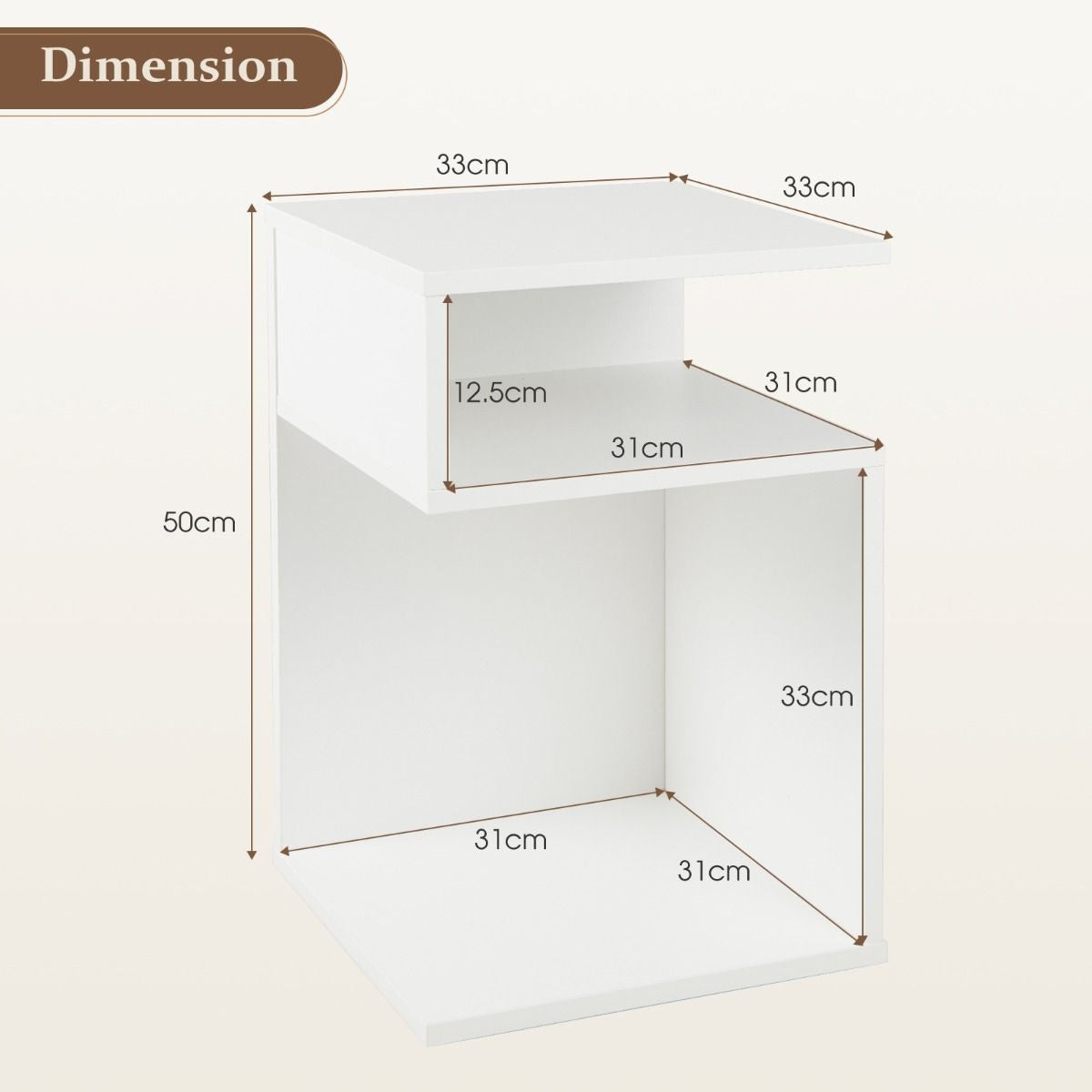 Bijzettafel 'S'-Vormige Woonkamerbank Bijzettafel met 2 Open Kluisjes Kleine Salontafel met Geometrisch Design Wit