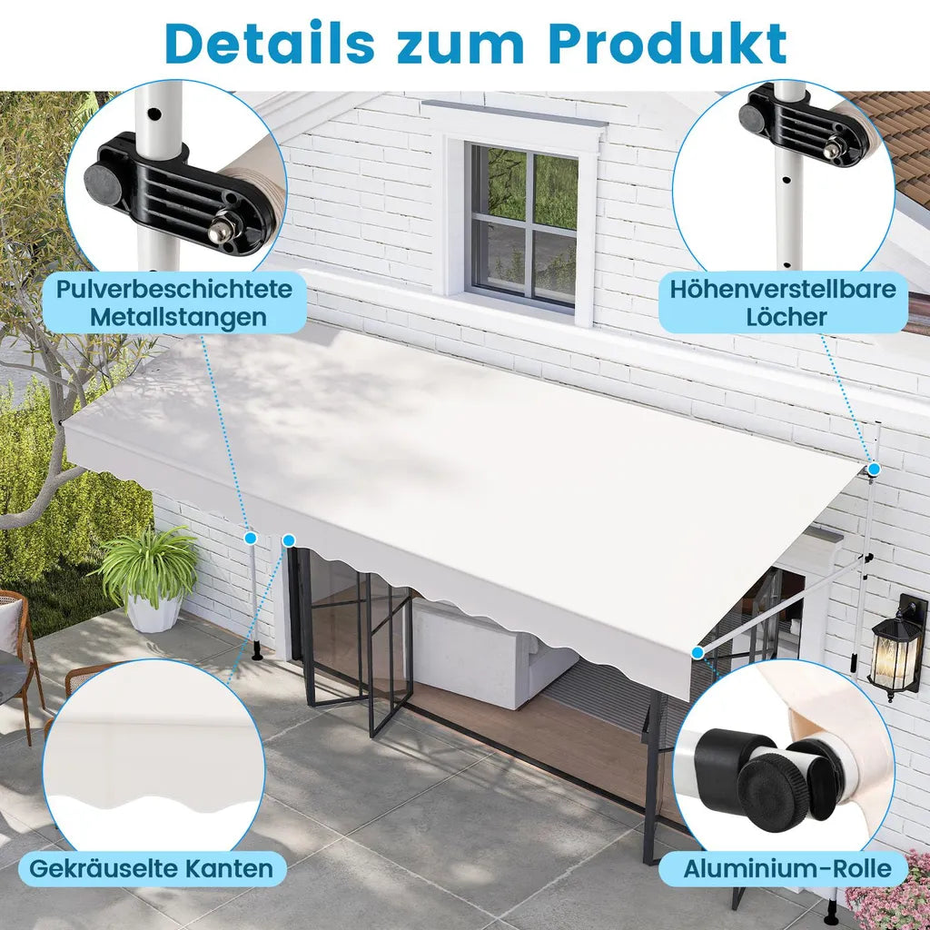 Coast Klemmarkise 400 × 120 cm - Wit - Boorvrije Balkon Zonwering met Handslinger en Verstelbare Hoogte