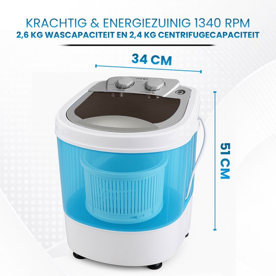 Vonia Mini Wasmachine - Kleine wasmachine - Met centrifuge en bovenlader - Wascapaciteit 2,6 kg - Energiezuinig - Wit/Blauw