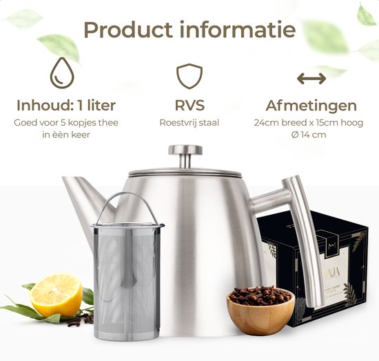 Vaja® Theepot Camille Zilver - Dubbelwandig - 1 Liter - RVS Theekan met Filter & Warmhouder