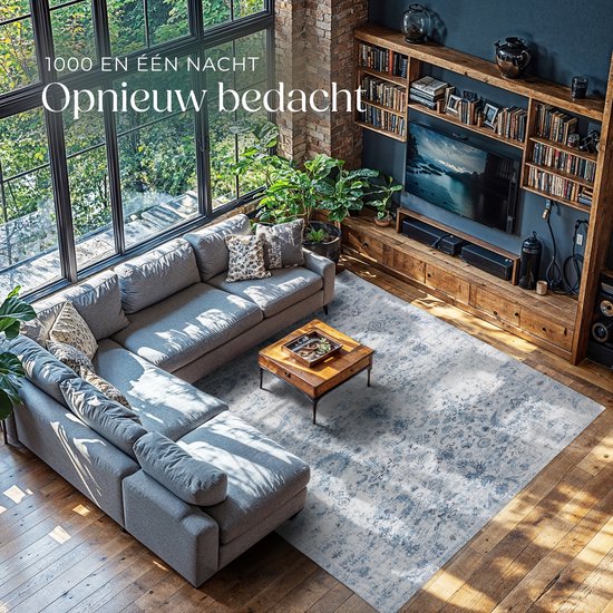 tectake® Vintage design tapijt - laagpolig vloerkleed - Boho vloerkleed - Voor woonkamer, slaapkamer, kinderkamer of tienerkamer - Wasbaar - 240cm x 340cm - blauw