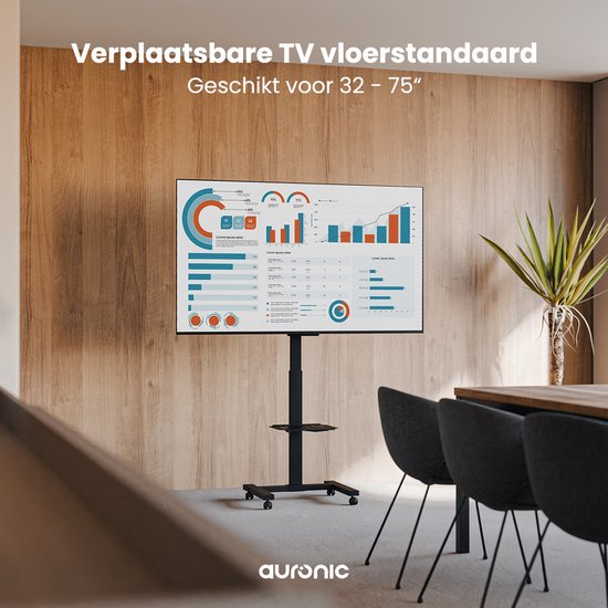 Auronic TV Standaard – Verrijdbaar, Draaibaar & Kantelbaar – Voor 32–75 inch – Max. 40 kg – 98 x 68 x 158 cm – Zwart