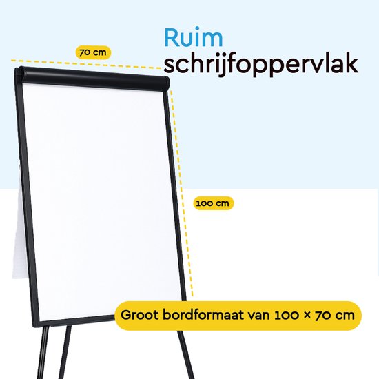 BRASQ Flipover - 70x100 cm - Verstelbaar Whiteboard - Inclusief 25 vellen papier, 4 Stiften, 8 Magneten, Wisser - Magnetisch bord met Haken - Magneetbord - Zwart