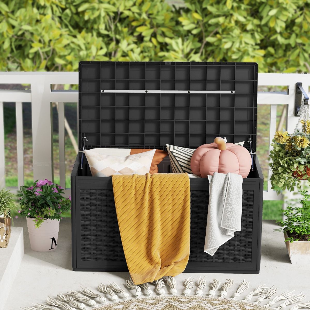 Coast Tuinbox met wielen - waterdichte opbergbox - bankje - zwart - 380 liter