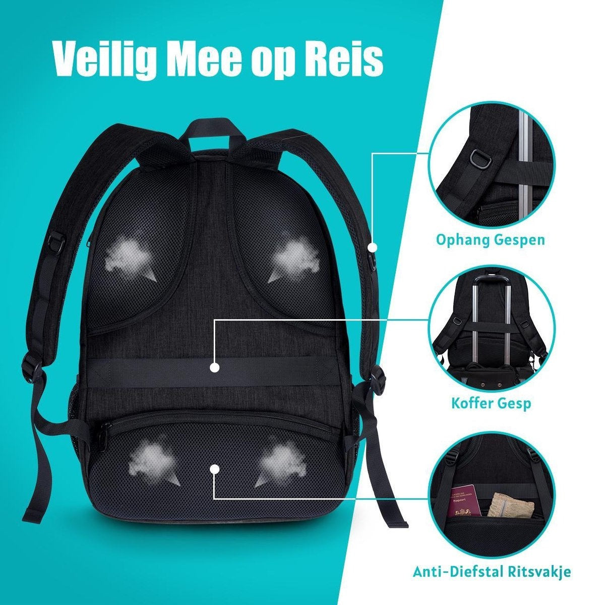 TRVLMORE Rugzak - 28L - 15,6 inch - Laptop Rugtas - Schooltas - Unisex - Spatwaterdicht Zwart