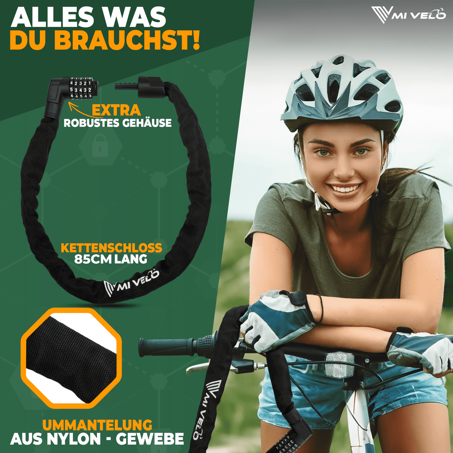 MIVELO Fietsketting met Cijferslot – 85 cm – Robuust Gehard Staal – Beschermend Nylon – Zwart