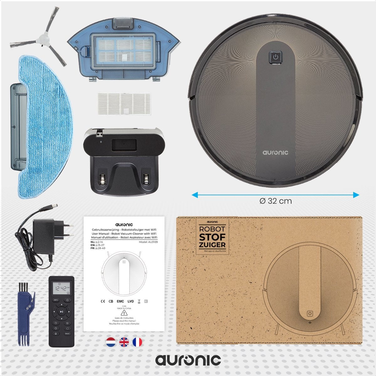 Auronic Robotstofzuiger met Dweilfunctie - WiFi en App - 1400Pa - Automatisch Laadstation - Dubbel Filtersysteem - Zwart