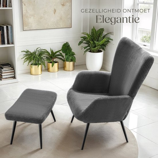 tectake® Oorfauteuil met Hocker – Scandinavische Teddy Bouclé Fauteuil – Lounge- en Woonkamerstoel – Zwart Metalen Poten – Draagvermogen 150kg – Corduroy - Grijs