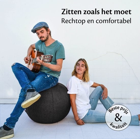 Bckz Zitbal Kantoor en Thuis 55 CM - Luxe Yoga Bal - Zitballen met Hoes - Ergonomische Bureaustoel Bal - Linnen Zwart